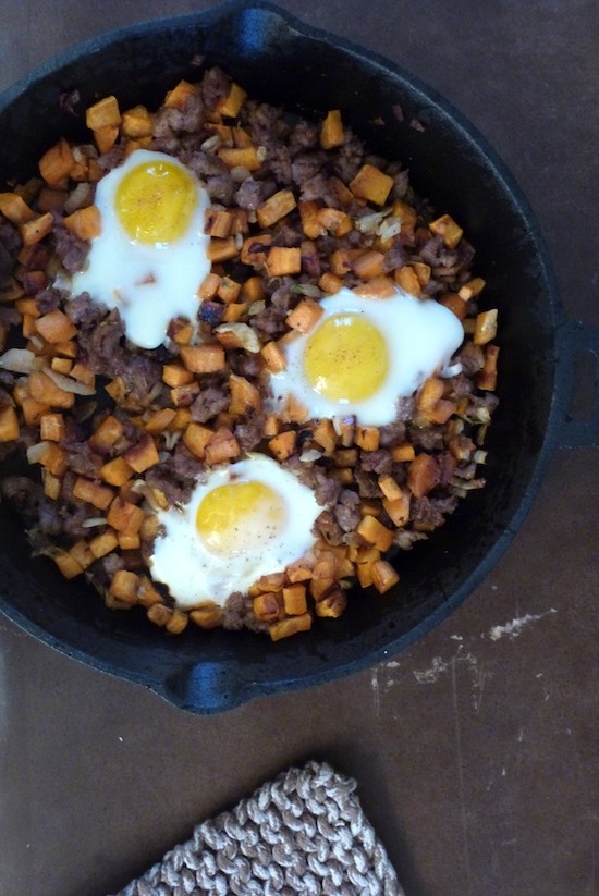 Sweet Potato Hash with Sausage and Baked Eggs